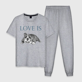 Мужская пижама хлопок с принтом Любовь - это бульдог , 100% хлопок | брюки и футболка прямого кроя, без карманов, на брюках мягкая резинка на поясе и по низу штанин
 | Тематика изображения на принте: английский бульдог | бульдог | дрессировка | забота | любовь | собака | собаки | собачка | собачник | увлечение | хобби