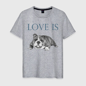 Мужская футболка хлопок с принтом Любовь - это бульдог , 100% хлопок | прямой крой, круглый вырез горловины, длина до линии бедер, слегка спущенное плечо. | Тематика изображения на принте: английский бульдог | бульдог | дрессировка | забота | любовь | собака | собаки | собачка | собачник | увлечение | хобби