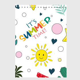 Скетчбук с принтом summer time , 100% бумага
 | 48 листов, плотность листов — 100 г/м2, плотность картонной обложки — 250 г/м2. Листы скреплены сверху удобной пружинной спиралью | Тематика изображения на принте: art | арт | графика | лето | пальмы | солнце