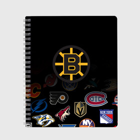 Тетрадь с принтом NHL Boston Bruins (Z) , 100% бумага | 48 листов, плотность листов — 60 г/м2, плотность картонной обложки — 250 г/м2. Листы скреплены сбоку удобной пружинной спиралью. Уголки страниц и обложки скругленные. Цвет линий — светло-серый
 | anaheim ducks | arizona coyotes | boston bruins | buffalo sabres | calgary flames | canadiens de montreal | carolina hurricanes | chicago blackhawks | colorado | hockey | nhl | нхл | паттерн | спорт | хоккей