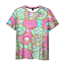 Мужская футболка 3D с принтом Пончики , 100% полиэфир | прямой крой, круглый вырез горловины, длина до линии бедер | blue | pink | арт | голубая | гомер | девушке | детская | еда | красивая | летняя | липкая | парню | подарок | пончик | пончики | пп | прикольная | противная | ребёнку | розовая | светлая | текстура | цветная