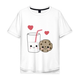 Мужская футболка хлопок Oversize с принтом Milk and Cookies Love , 100% хлопок | свободный крой, круглый ворот, “спинка” длиннее передней части | Тематика изображения на принте: coockie | friend | minimalism | дружба | любовь | минимализм | молоко | печенье | печенька | печеньки