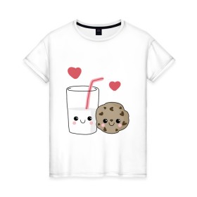 Женская футболка хлопок с принтом Milk and Cookies Love , 100% хлопок | прямой крой, круглый вырез горловины, длина до линии бедер, слегка спущенное плечо | coockie | friend | minimalism | дружба | любовь | минимализм | молоко | печенье | печенька | печеньки