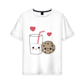 Женская футболка хлопок Oversize с принтом Milk and Cookies Love , 100% хлопок | свободный крой, круглый ворот, спущенный рукав, длина до линии бедер
 | coockie | friend | minimalism | дружба | любовь | минимализм | молоко | печенье | печенька | печеньки