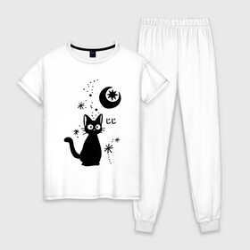 Женская пижама хлопок с принтом Jiji Cat , 100% хлопок | брюки и футболка прямого кроя, без карманов, на брюках мягкая резинка на поясе и по низу штанин | cat | jiji | kitty | аниме | ведьма | гибли | джиджи | животные | кот | котенок | кошка | миядзаки | мульт | мультфильм | тоторо
