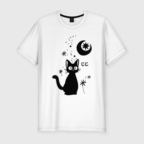 Мужская футболка хлопок Slim с принтом Jiji Cat , 92% хлопок, 8% лайкра | приталенный силуэт, круглый вырез ворота, длина до линии бедра, короткий рукав | cat | jiji | kitty | аниме | ведьма | гибли | джиджи | животные | кот | котенок | кошка | миядзаки | мульт | мультфильм | тоторо
