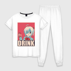 Женская пижама хлопок с принтом DRINK , 100% хлопок | брюки и футболка прямого кроя, без карманов, на брюках мягкая резинка на поясе и по низу штанин | anime | chuunibyou | cute | demo | drink | eye | ga | girl | hope | kawai | kawaii | koi | manga | rikka | takanashi | wicked | аниме | бант | гл | глаз | грешный | девочка | злой | любви | манга | на | надпись | не | пить | плакат | п