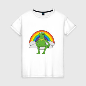 Женская футболка хлопок с принтом Лягушонок Кермит , 100% хлопок | прямой крой, круглый вырез горловины, длина до линии бедер, слегка спущенное плечо | rainbow | герой | животные | зелёный | кермит | лягушка | мультик | мультфильм | персонаж | радуга | улица сезам | цветной
