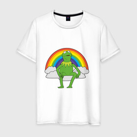 Мужская футболка хлопок с принтом Лягушонок Кермит , 100% хлопок | прямой крой, круглый вырез горловины, длина до линии бедер, слегка спущенное плечо. | rainbow | герой | животные | зелёный | кермит | лягушка | мультик | мультфильм | персонаж | радуга | улица сезам | цветной