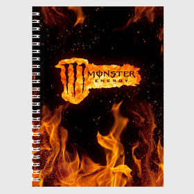 Тетрадь с принтом FIRE MONSTER ENERGY (Z) , 100% бумага | 48 листов, плотность листов — 60 г/м2, плотность картонной обложки — 250 г/м2. Листы скреплены сбоку удобной пружинной спиралью. Уголки страниц и обложки скругленные. Цвет линий — светло-серый
 | Тематика изображения на принте: black monster | bmx | claw | energy | fire | monster | monster energy | moto | motocross | race | sport | киберспорт | когти | монстер энерджи | монстр | мото | мотокросс | огонь | ралли | скейтбординг | спорт | энергия