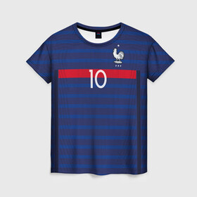 Женская футболка 3D с принтом Mbappe home EURO 2020 , 100% полиэфир ( синтетическое хлопкоподобное полотно) | прямой крой, круглый вырез горловины, длина до линии бедер | championship | euro | mbappe | евро | мбаппе | чемпионат европы