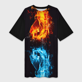 Платье-футболка 3D с принтом Огонь и Вода (противостояние) ,  |  | dark | битва | битваогней | бокс | борьба | брызги | вода | волна | дракон | иньянь | искры | крутой | лед | мужчинам | неоновый | огненный | огонь | пламенный | пламя | притяжение | против