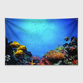 Флаг-баннер с принтом Подводный мир , 100% полиэстер | размер 67 х 109 см, плотность ткани — 95 г/м2; по краям флага есть четыре люверса для крепления | аква | аквариум | актинии | вода | море | морские | морские звезды | морской | океан | под водой | подводный мир | пузырьки | рыба | рыба клоун | рыбы