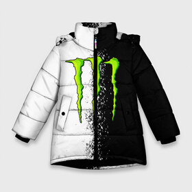 Зимняя куртка для девочек 3D с принтом MONSTER ENERGY , ткань верха — 100% полиэстер; подклад — 100% полиэстер, утеплитель — 100% полиэстер. | длина ниже бедра, удлиненная спинка, воротник стойка и отстегивающийся капюшон. Есть боковые карманы с листочкой на кнопках, утяжки по низу изделия и внутренний карман на молнии. 

Предусмотрены светоотражающий принт на спинке, радужный светоотражающий элемент на пуллере молнии и на резинке для утяжки. | black monster | bmx | claw | cybersport | energy | monster | monster energy | moto | motocross | race | sport | киберспорт | когти | монстер энерджи | монстр | мото | мотокросс | ралли | скейтбординг | спорт | энергия