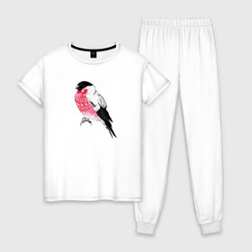 Женская пижама хлопок с принтом Снегирь , 100% хлопок | брюки и футболка прямого кроя, без карманов, на брюках мягкая резинка на поясе и по низу штанин | Тематика изображения на принте: арт | животные | картинка | птица снегирь | рисунок | снегирь в свитере