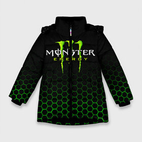 Зимняя куртка для девочек 3D с принтом MONSTER ENERGY , ткань верха — 100% полиэстер; подклад — 100% полиэстер, утеплитель — 100% полиэстер. | длина ниже бедра, удлиненная спинка, воротник стойка и отстегивающийся капюшон. Есть боковые карманы с листочкой на кнопках, утяжки по низу изделия и внутренний карман на молнии. 

Предусмотрены светоотражающий принт на спинке, радужный светоотражающий элемент на пуллере молнии и на резинке для утяжки. | black monster | bmx | claw | cybersport | energy | monster | monster energy | moto | motocross | race | sport | киберспорт | когти | монстер энерджи | монстр | мото | мотокросс | ралли | скейтбординг | спорт | энергия