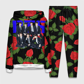 Женский костюм 3D (с толстовкой) с принтом BTS Roses | Black ,  |  | bangtan boys | bt21 | bts | bts army | j hope | jimin | jin | jungkook | k pop | korea | korean | pink bts | rap monster | rapmon | suga | v | бтс | кей | корейские | корея | кэй | музыканты | поп | розовая | стикеры