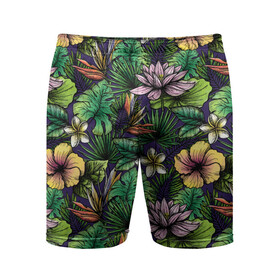 Мужские шорты спортивные с принтом Летние цветы ,  |  | summer | джунгли | краски | летняя | лето | листы | листья | надпись | настроение | отдых | отпуск | пальмы | пляжная | позитив | стиль | тропики | тропическая | цветочки | цветы | яркая