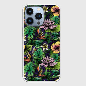 Чехол для iPhone 13 Pro с принтом Летние цветы ,  |  | Тематика изображения на принте: summer | джунгли | краски | летняя | лето | листы | листья | надпись | настроение | отдых | отпуск | пальмы | пляжная | позитив | стиль | тропики | тропическая | цветочки | цветы | яркая