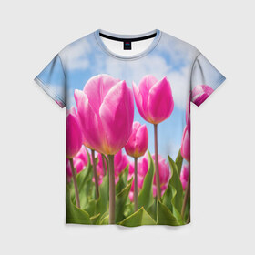Женская футболка 3D с принтом Розовые тюльпаны , 100% полиэфир ( синтетическое хлопкоподобное полотно) | прямой крой, круглый вырез горловины, длина до линии бедер | flowers | бутоны | дача | девушке | женщинам | лепестки | летний | лето | листья | любимая | любовь | небесный | небо | нежный | облака | поляна | природа | растения | романтика | сад | синеенебо | солнечный