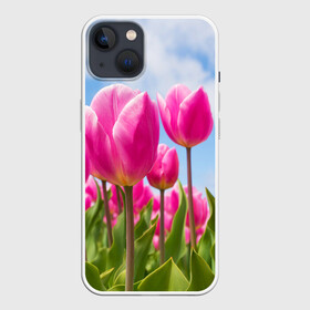 Чехол для iPhone 13 с принтом Розовые тюльпаны ,  |  | flowers | бутоны | дача | девушке | женщинам | лепестки | летний | лето | листья | любимая | любовь | небесный | небо | нежный | облака | поляна | природа | растения | романтика | сад | синеенебо | солнечный