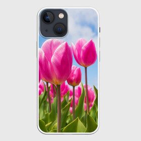 Чехол для iPhone 13 mini с принтом Розовые тюльпаны ,  |  | flowers | бутоны | дача | девушке | женщинам | лепестки | летний | лето | листья | любимая | любовь | небесный | небо | нежный | облака | поляна | природа | растения | романтика | сад | синеенебо | солнечный