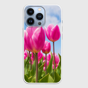 Чехол для iPhone 13 Pro с принтом Розовые тюльпаны ,  |  | flowers | бутоны | дача | девушке | женщинам | лепестки | летний | лето | листья | любимая | любовь | небесный | небо | нежный | облака | поляна | природа | растения | романтика | сад | синеенебо | солнечный