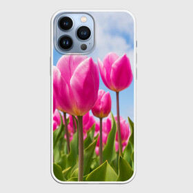 Чехол для iPhone 13 Pro Max с принтом Розовые тюльпаны ,  |  | flowers | бутоны | дача | девушке | женщинам | лепестки | летний | лето | листья | любимая | любовь | небесный | небо | нежный | облака | поляна | природа | растения | романтика | сад | синеенебо | солнечный
