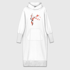 Платье удлиненное хлопок с принтом Красная сакура ,  |  | Тематика изображения на принте: весна | ветка | дерево | красный | лето | распустились цветы | сакура | цветет
