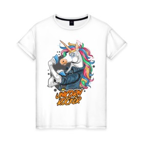 Женская футболка хлопок с принтом Unicorn Rocker , 100% хлопок | прямой крой, круглый вырез горловины, длина до линии бедер, слегка спущенное плечо | art | rock | rocker | unicorn | арт | единорог | животные | картинка | рисунок | рок | рокер