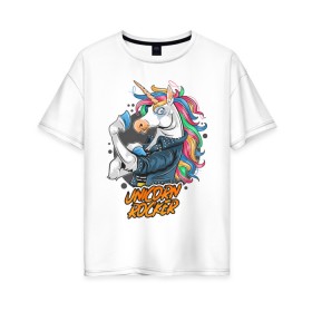 Женская футболка хлопок Oversize с принтом Unicorn Rocker , 100% хлопок | свободный крой, круглый ворот, спущенный рукав, длина до линии бедер
 | art | rock | rocker | unicorn | арт | единорог | животные | картинка | рисунок | рок | рокер