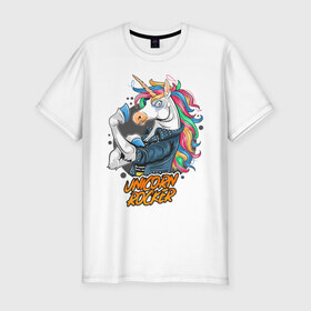 Мужская футболка премиум с принтом Unicorn Rocker , 92% хлопок, 8% лайкра | приталенный силуэт, круглый вырез ворота, длина до линии бедра, короткий рукав | art | rock | rocker | unicorn | арт | единорог | животные | картинка | рисунок | рок | рокер