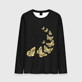 Мужской лонгслив 3D с принтом Golden Butterfly in Space , 100% полиэстер | длинные рукава, круглый вырез горловины, полуприлегающий силуэт | black | summer | wings | ангел | бабочка | бабочки | блестки | блестящий | девушке | желтые | животные | звезды | звери | золото | золотые | космос | крылья | летать | летний | лето | мотылек | насекомое | ночные
