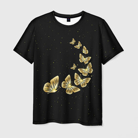 Мужская футболка 3D с принтом Golden Butterfly in Space , 100% полиэфир | прямой крой, круглый вырез горловины, длина до линии бедер | black | summer | wings | ангел | бабочка | бабочки | блестки | блестящий | девушке | желтые | животные | звезды | звери | золото | золотые | космос | крылья | летать | летний | лето | мотылек | насекомое | ночные