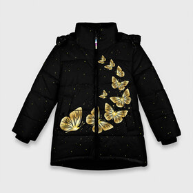 Зимняя куртка для девочек 3D с принтом Golden Butterfly in Space , ткань верха — 100% полиэстер; подклад — 100% полиэстер, утеплитель — 100% полиэстер. | длина ниже бедра, удлиненная спинка, воротник стойка и отстегивающийся капюшон. Есть боковые карманы с листочкой на кнопках, утяжки по низу изделия и внутренний карман на молнии. 

Предусмотрены светоотражающий принт на спинке, радужный светоотражающий элемент на пуллере молнии и на резинке для утяжки. | Тематика изображения на принте: black | summer | wings | ангел | бабочка | бабочки | блестки | блестящий | девушке | желтые | животные | звезды | звери | золото | золотые | космос | крылья | летать | летний | лето | мотылек | насекомое | ночные