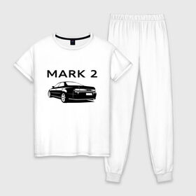 Женская пижама хлопок с принтом TOYOTA MARK 2 (Z) , 100% хлопок | брюки и футболка прямого кроя, без карманов, на брюках мягкая резинка на поясе и по низу штанин | 2020 | alphard | auto | camry | corolla | highlander | hilux | land cruiser 200 | mark | mark 2 | prado | rav4 | sport | supra | toyota | tundra | автомобиль | альфард | бренд | камри | марк | марк 2 | марка | спорт | тойота