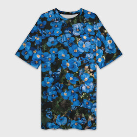 Платье-футболка 3D с принтом Поле синих цветов фиалки лето ,  |  | голубые цветочки | лето | луг | незабудки | поле | поляна | синие цветы | узор из цветов | фиалки | фото реализм | цветы