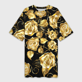 Платье-футболка 3D с принтом Golden Roses ,  |  | flower | flowers | gold | golden | luxe | luxery | pink | rose | золотая | золото | красивая | мода | прикольная | приятная | роза | розовая | стильная | тренд | цветок | цветы | цвточки