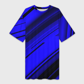 Платье-футболка 3D с принтом Blue and Black ,  |  | abstraction | geometry | hexagon | stripes | text | texture | абстракция | геометрия | линии | неон | неоновый | полосы | синий | спорт | текстура | фигуры | черный