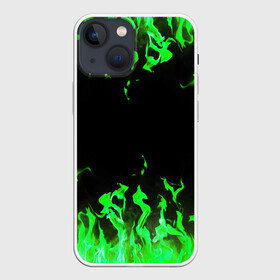 Чехол для iPhone 13 mini с принтом GREEN FIRE | ОГОНЬ ,  |  | Тематика изображения на принте: abstraction | bright | fire | geometry | hexagon | light | neon | paints | stripes | texture | triangle | абстракция | брызги | геометрия | искры | краски | неон | неоновый | огонь | соты | текстура