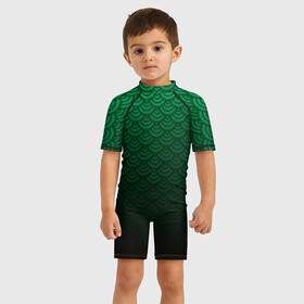 Детский купальный костюм 3D с принтом Узор зеленая чешуя дракон , Полиэстер 85%, Спандекс 15% | застежка на молнии на спине | Тематика изображения на принте: геометрия | градиент | дракон | змей | круги | переход цвета | синий | текстура | темный | узор | чешуя | ящерица
