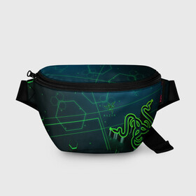 Поясная сумка 3D с принтом RAZER CYBERSPORT , 100% полиэстер | плотная ткань, ремень с регулируемой длиной, внутри несколько карманов для мелочей, основное отделение и карман с обратной стороны сумки застегиваются на молнию | game | gamer | razer | trend | игры | инромания | рейзер | рузер | тренды