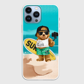 Чехол для iPhone 13 Pro Max с принтом Медвежонок серфер ,  |  | Тематика изображения на принте: лето | медведь | медвежонок | море | отдых | отпуск | плюшевый | плюшевый медведь | пляж | серфер