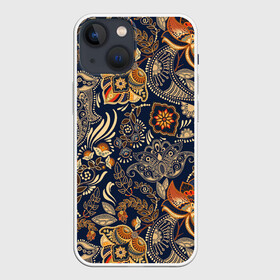 Чехол для iPhone 13 mini с принтом Узор орнамент цветы этно ,  |  | Тематика изображения на принте: ботаника | винтаж | золото | лето | национальный стиль | природа | ретро | традиционный | узор | хиппи | цветы | черный фон | этно
