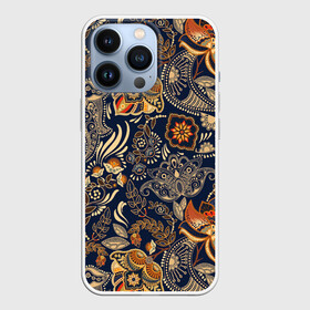 Чехол для iPhone 13 Pro с принтом Узор орнамент цветы этно ,  |  | Тематика изображения на принте: ботаника | винтаж | золото | лето | национальный стиль | природа | ретро | традиционный | узор | хиппи | цветы | черный фон | этно