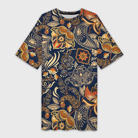 Платье-футболка 3D с принтом Узор орнамент цветы этно ,  |  | ботаника | винтаж | золото | лето | национальный стиль | природа | ретро | традиционный | узор | хиппи | цветы | черный фон | этно