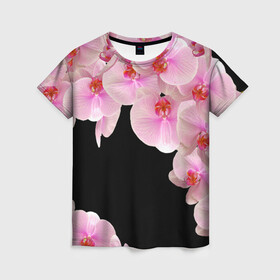Женская футболка 3D с принтом Орхидеи в ночи , 100% полиэфир ( синтетическое хлопкоподобное полотно) | прямой крой, круглый вырез горловины, длина до линии бедер | азия | бабочки | бутоны | ветки | девушкам | джунгли | женщинам | лепестки | летний | лето | листья | любовь | март | орхидеи | орхидея | подарок | природа | растения | розовыецветы | сад | тропика