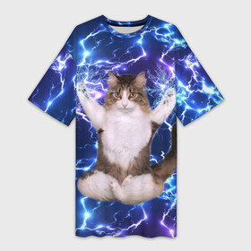 Платье-футболка 3D с принтом Грозовой Котик ,  |  | cat | cats | kitten | kitty | memes | nice | punk | rain | yoga | грозы | дождь | йога | кот | котик | котики | котэ | кошка | медитация | мем | мемы | милая | милый | молнии | панк | приколы | рок | рэп | трэш
