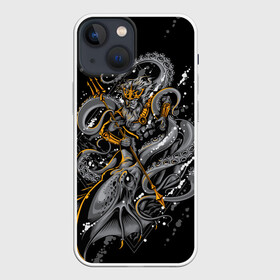 Чехол для iPhone 13 mini с принтом Сражение Зевса ,  |  | Тематика изображения на принте: octopoda | zeus | битва | бог | боги | глубина | доспехи | зевс | золото | копье | монстр | море | морское | осьминог | сражение | страшное | трезубец | тризубец | чернобелая | чудище | чудовище