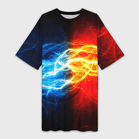 Платье-футболка 3D с принтом БИТВА МОЛНИЙ ,  |  | color | colour | electricity | glim | glow | light | lights | neon | power | shine | молния | напряжение | неоновый | разряд | стихия | ток | удар | электричество